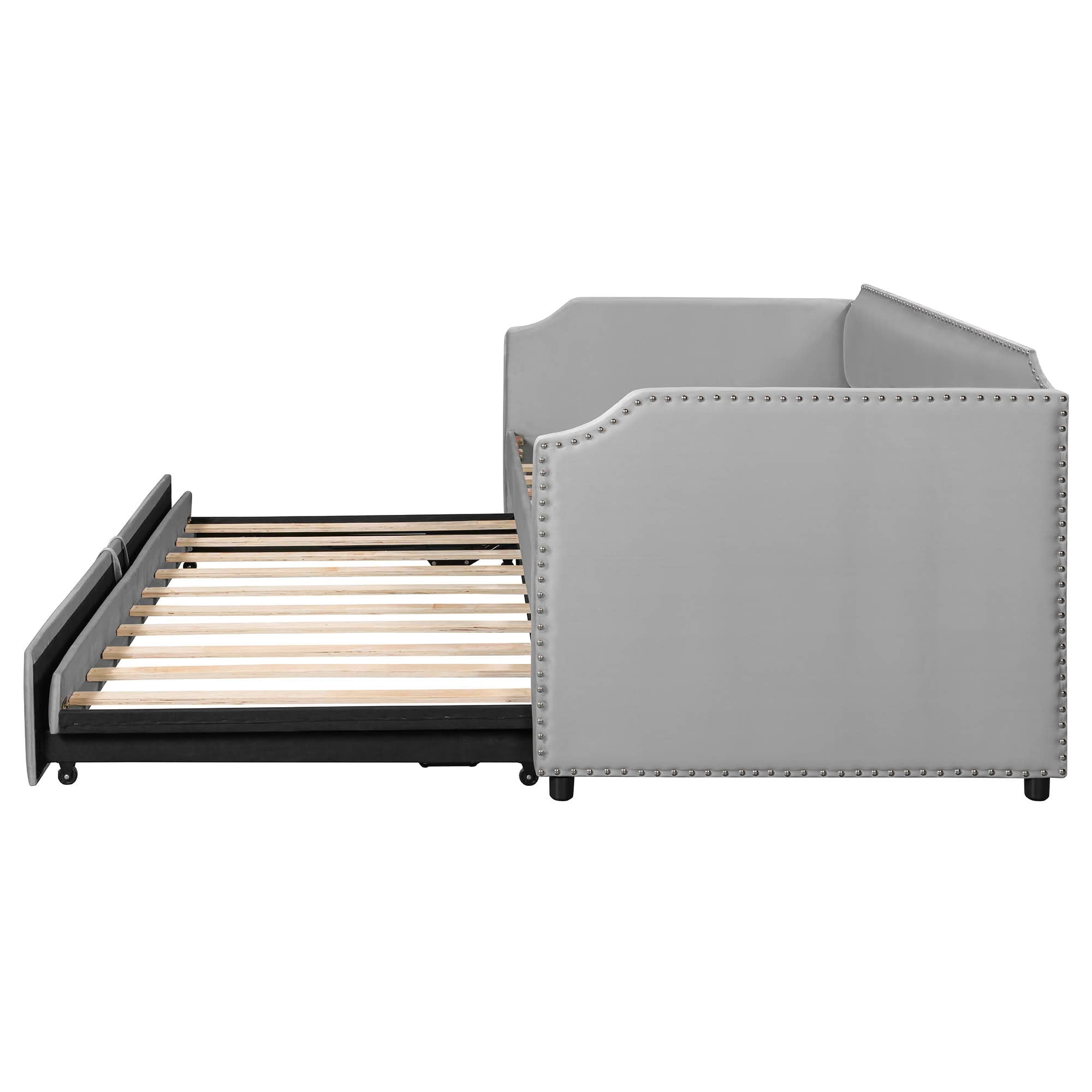 MAYEERTY 2-in-1 Velvet Upholstered Daybed with Pop-Up Trundle, Twin Size Space-Saving Guest Bed