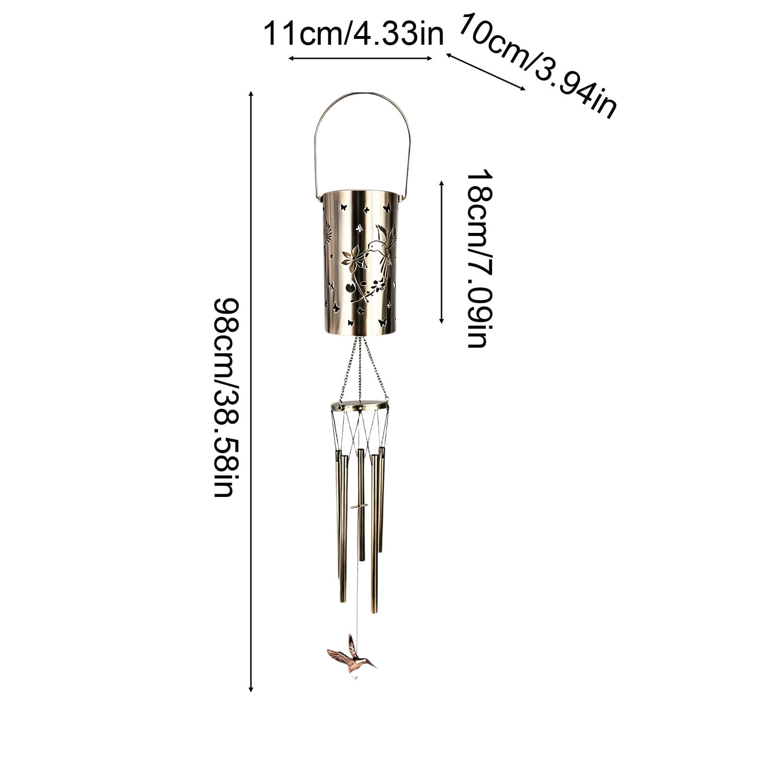 Glowing Hollow Out Projection, Solar Wind Chime with Hummingbirds Pattern — 38.6x4.3 Inch Courtyard Lamp, Made of Iron Garden Decoration for Patio