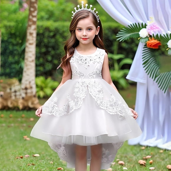 Girls Round Neck Sleeveless Princess Dress, Flower Girl Wedding Gown with Beaded Tulle Puffy Skirt, Junior Bridesmaid Party Dress for Birthday and Pageant, Age 3-14Y White 140