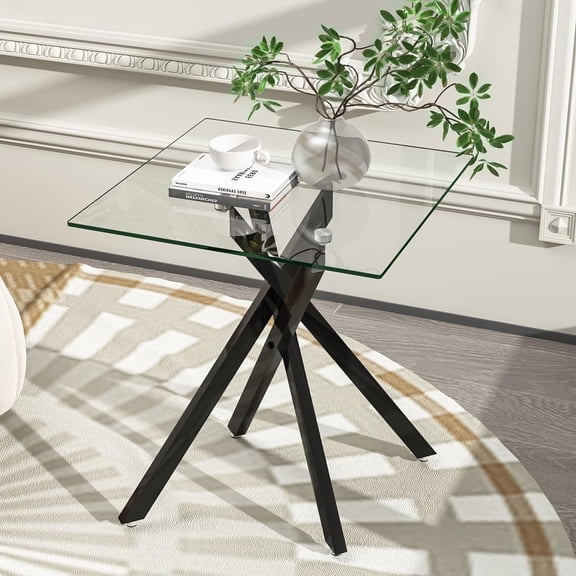 Glass Coffee Table, Holaki 17.7" Clear Square Glass Coffee Table, Modern Coffee Table with Metal Legs, Center Table Sofa Table Home Furniture for Living Room