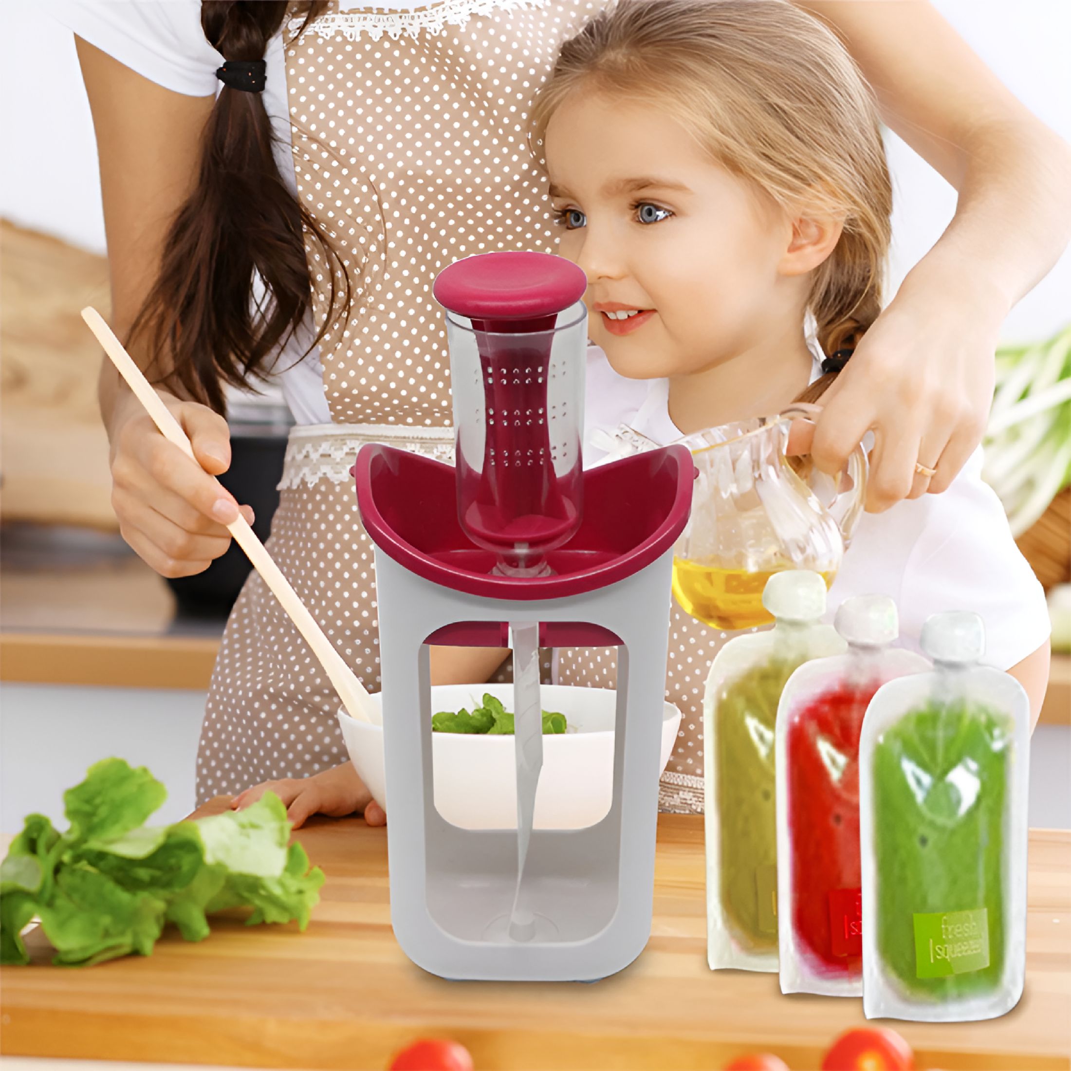 ACDANC 2026 New Baby Food Maker with 10Pcs Pouch,Baby Food Squeezes Station Fruit Maker Puree Squeezer with Reusable Storage Bags for Snacks Storage for Home,Travel,Daycare,Outing,Kitchen Red