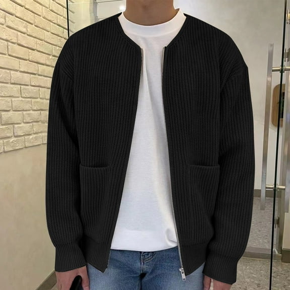 Goodtrade8 Winter Jackets for Men Thin Casual Cardigan Pocket Crew Neck Outdoor Black Plain Mens Coats Outerwear Winter