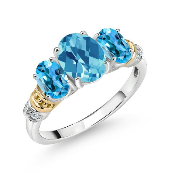 Gem Stone King 925 Sterling Silver and 10K Yellow Gold Oval Swiss Blue Topaz and White Diamond 3 Stone Ring for Women (2.43 Cttw, Gemstone November Birthstone, Size 5)