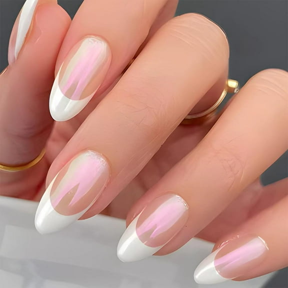 French Tip Press on Nails Medium Almond Fake Nails Press ons with Designs Chrome False Nails Long Glossy Full Cover Glue on Nails Cute Acrylic Stick on Nails for Women Nails Manicure Decoration 24Pcs