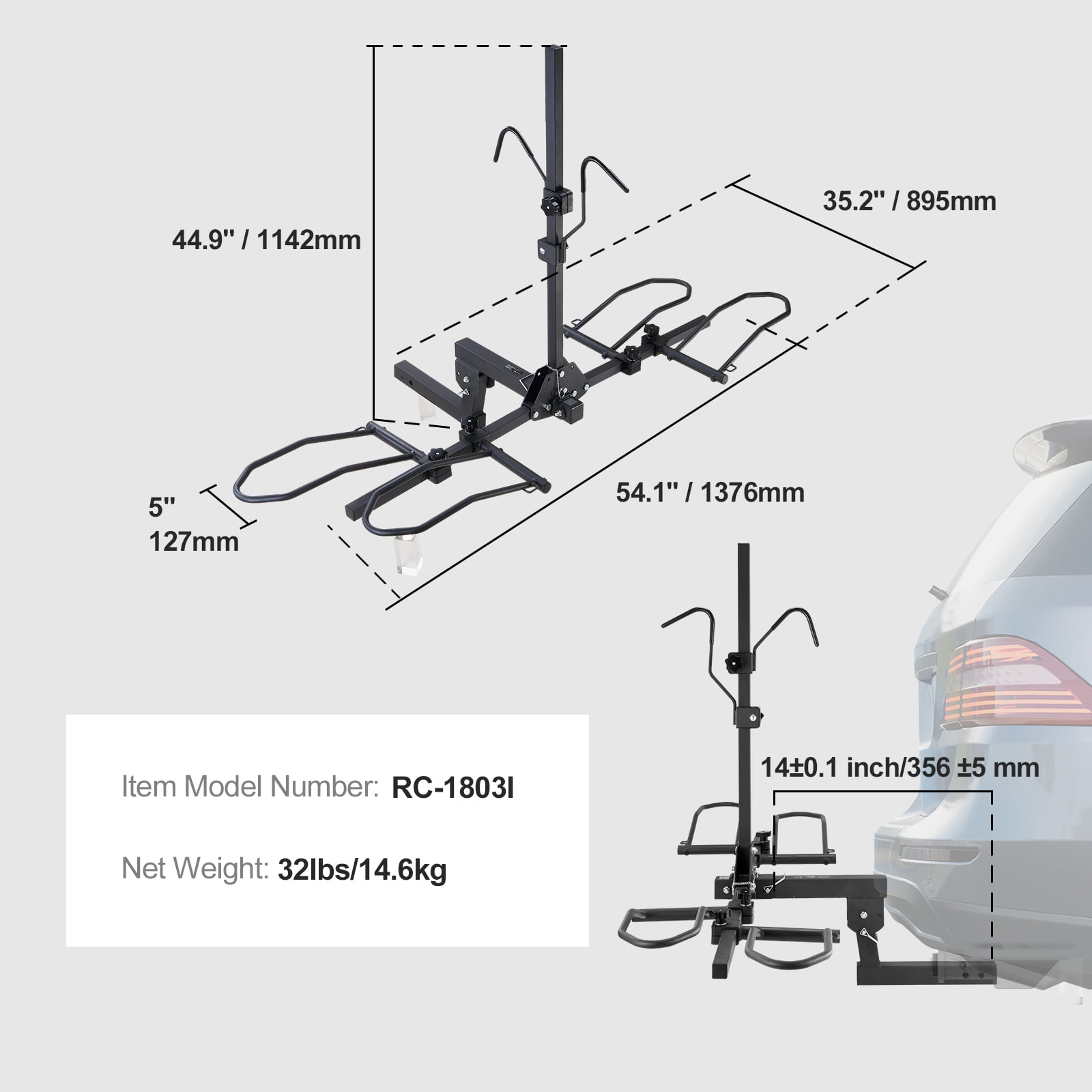 KFFKFF Bike Carrier, Hitch-Mounted, 2-Bike Capacity, 160 LBS Load, Fits 2-inch Receivers, Tilt & Fold Design, Supports Tires up to 5" Width, Suitable for Cars, SUVs, Trucks, and RVs