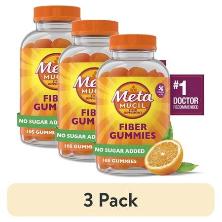 (3 pack) Metamucil Fiber Supplement, No Sugar Added Fiber Gummies for Daily Digestive Health, Orange, 105 Count