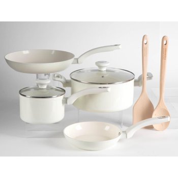 Martha Stewart Everyday Rexford Batterie de cuisine 8 pièces en aluminium avec ustensiles de cuisine – Lin – Céramique antiadhésive – Base à induction – Poignée douce au toucher – Aluminium forgé – 2,