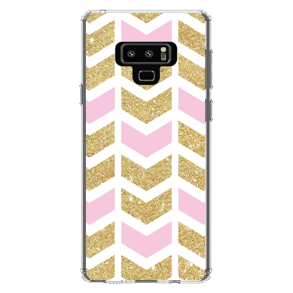DistinctInk Clear Shockproof Hybrid Case for Samsung Galaxy Note 9 - TPU Bumper, Acrylic Back, Tempered Glass Screen Protector - Pink & Gold Print - Random Chevron Pattern