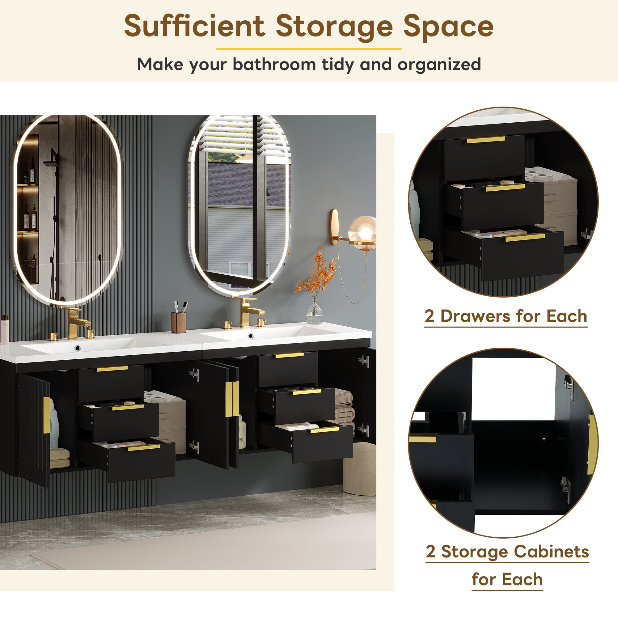Euroco 72'' Wall Mounted Bathroom Vanity, Floating Bathroom Storage Cabinet with 2 Drawers, Solid Wood Bathroom Cabinet
