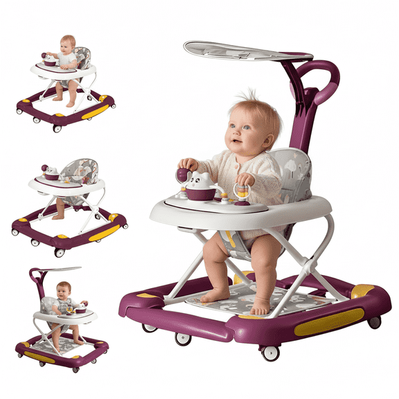 YUCHANG 5-in-1 Baby Walker - Foldable Push Walker,Height Adjustable with Wheels ,for Boys and Girls,6 -24 Months (Red)