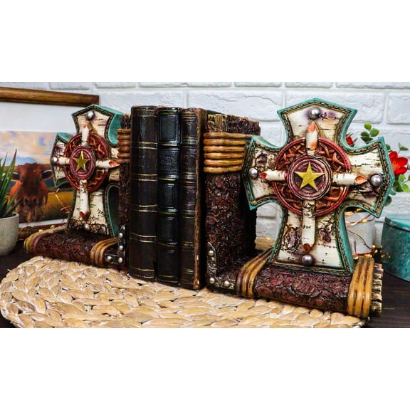 Rustic Western Star Turquoise Birchwood Birch Tree Cross Decorative Bookends Set