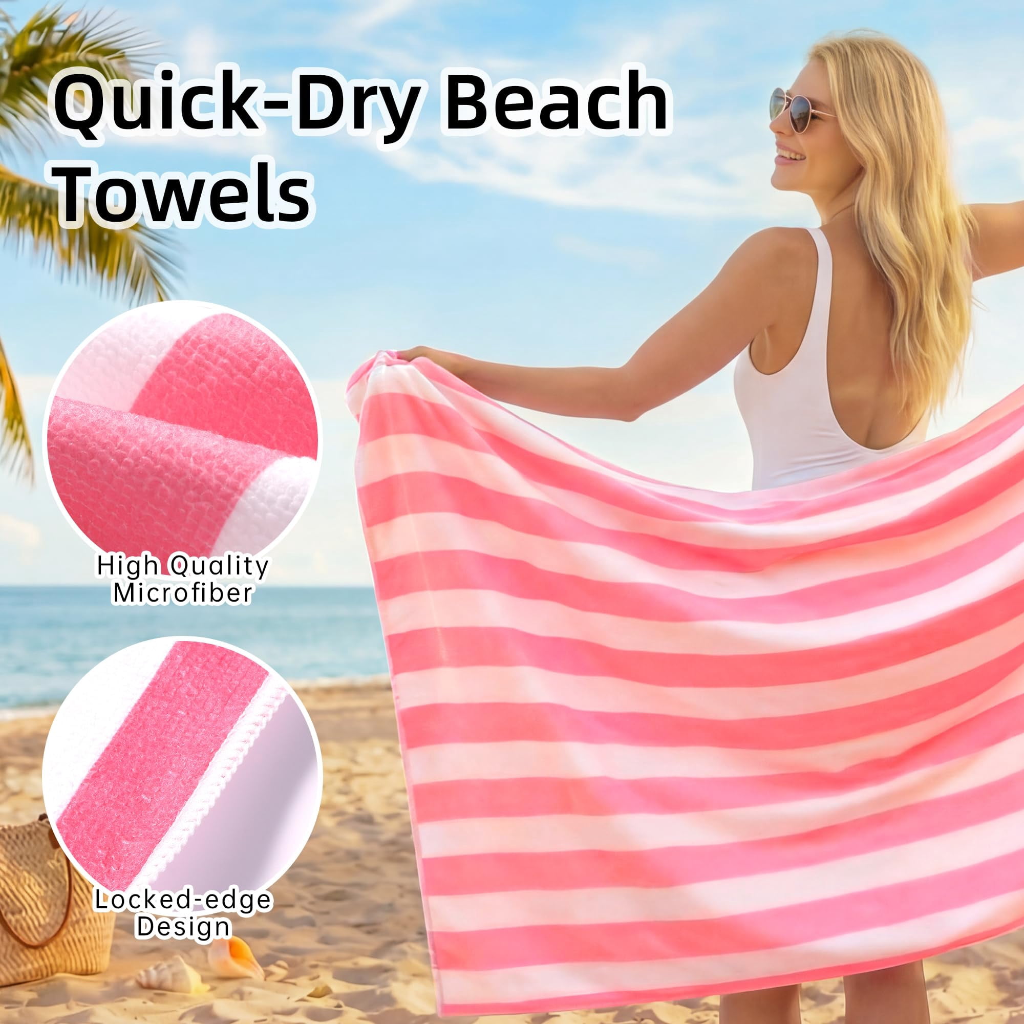 JOYMOOP 3-Pack Microfiber Beach Towel Set – 70" x 35.4" Ultra-Absorbent Beach Towels Oversized, Sand-Free & Portable, Quick-Dry Cabana Stripe Towels with Travel Storage Bags (Hot Pink & White)