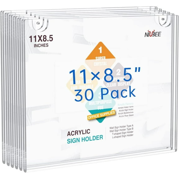 30-Packs Acrylic Wall Sign Holder 8.5x11 Horizontal, Clear Plastic Picture Frames , Wall Mounted Design.