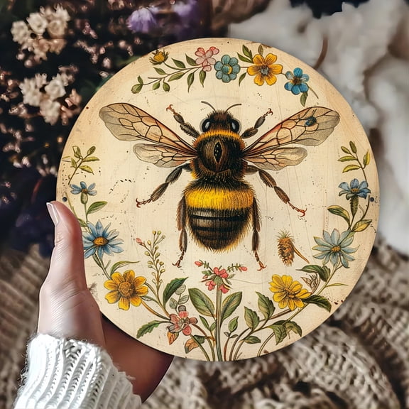 Vintage Bumblebee Round Aluminum Sign - Botanical Floral Border Antique Distressed Farmhouse Wall Decor, 1pc, 8" Wall Art Metal Sign, For Porch, Gardene, Room, Home, Ideal Gifts, Weather, 2D Flat