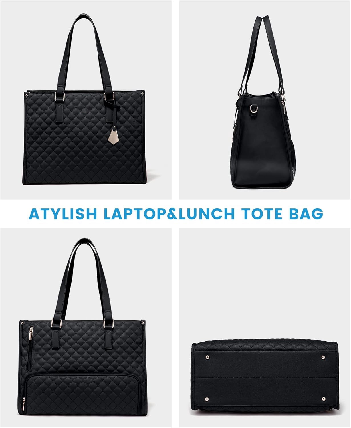 DLD Lunch Tote Bag for Women, 15.6 Inch Laptop Bag with Insulated Lunch Compartment, Quilted Large Capacity Computer Handbag with Purse for Business, Work, Nurse, Office, Collage, Casual, Black