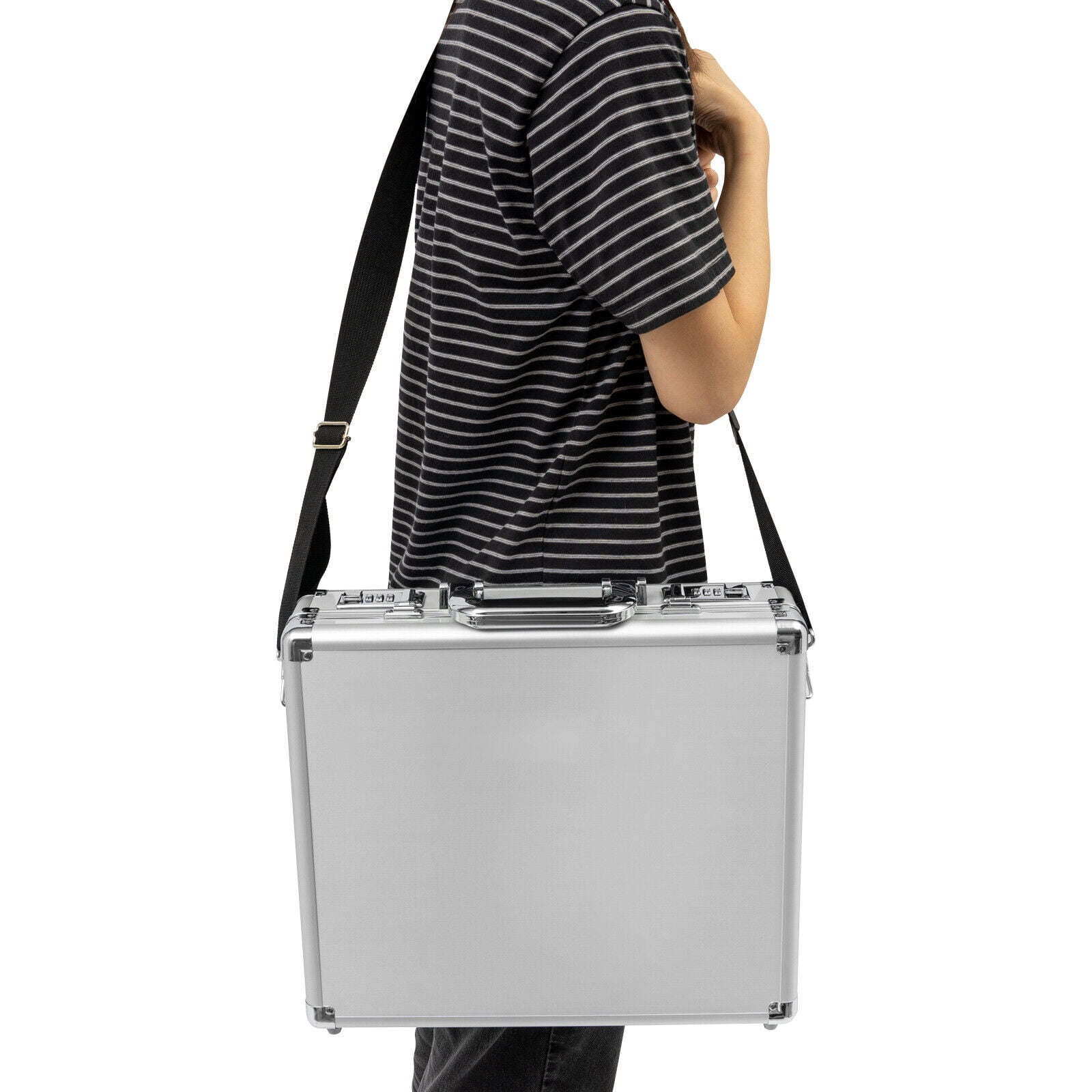 38*33*11 Rectangular Classic Locking Briefcase Aluminum Alloy Safety Box with Shoulder Strap(Silver White)