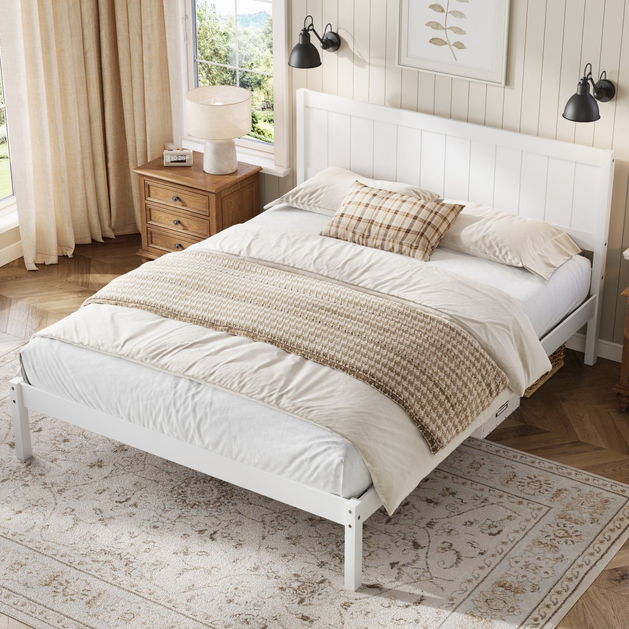 Leumius King Size Platform Bed Frame with Headboard, Wood Slat Support, No Box Spring Needed for Bedroom Guest Room White