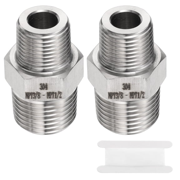 Uxcell 2pcs Stainless Steel Hex Nipple 3/8" NPT Male x 1/2" NPT Male Pipe Fitting