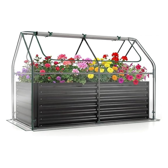 Raised Garden Bed with Cover, Planter Boxes Outdoor w/Mini Greenhouse, 2 Roll-up Windows & Open-Ended Base, Metal Growing Raised Bed for Vegetables (Black, 71” x 36” x ”)