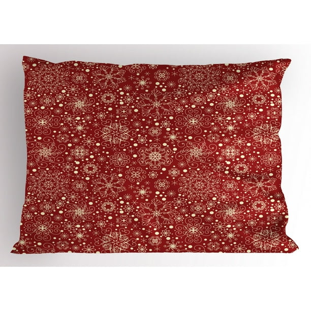 Red Pillow Sham Filigree Style Snowflakes with Skinny Curl Details