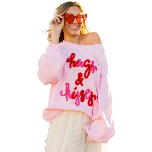 Cozy and Stylish Pink Sweatshirt with Hugs and Kisses Embroidery, Perfect for Daily Wear, (US 12-14)L