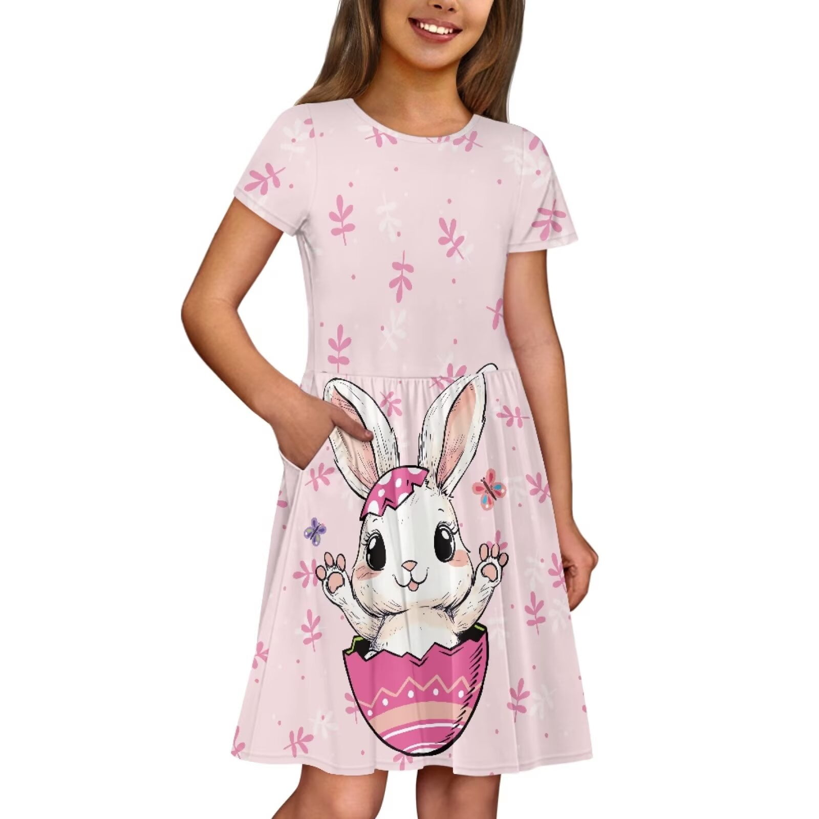 Uourmeti Teen Girls Short Sleeve Dress for Easter Cute Bunny Print Crew Neck Knee A-Line Dresses Lightweight Casual Swing Dress with Pockets
