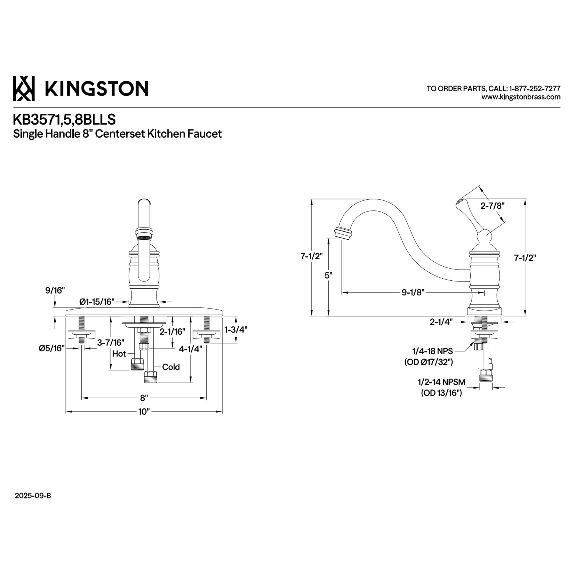 Kingston KB3571BLLS Restoration Single-Handle 1-or-3 Hole Kitchen Faucet in Polished Chrome