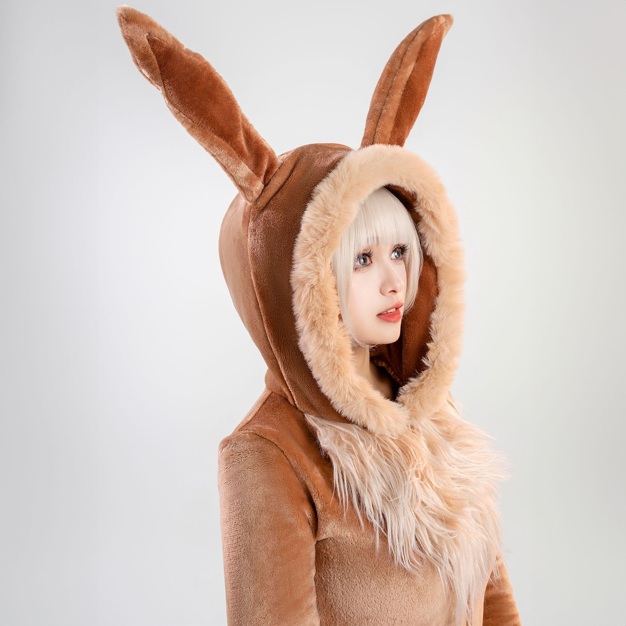MOBBUNNY Women's PM Derivative Sexy Lingerie Bodysuit Halloween Plush Fluffy Hooded Deep V Romper with Belt and Tail, M