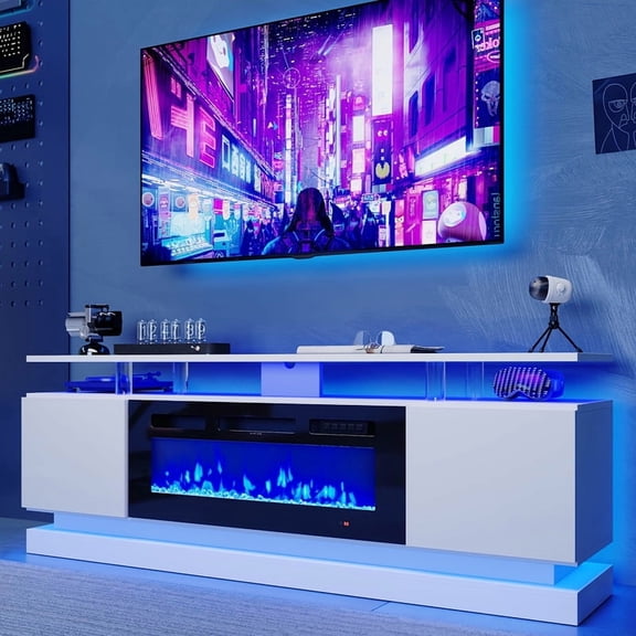 Fireplace Tv Stand with 36 Inch Fireplace, 70" Modern Entertainment Center with LED Lights, Entertainment Center And Storage for Living Room,White