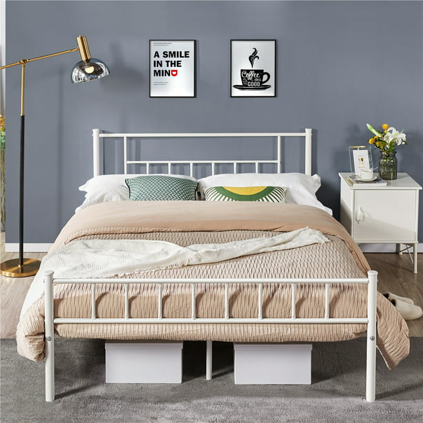Easyfashion Metal Queen Bed With, White Headboard And Bed Frame Queen
