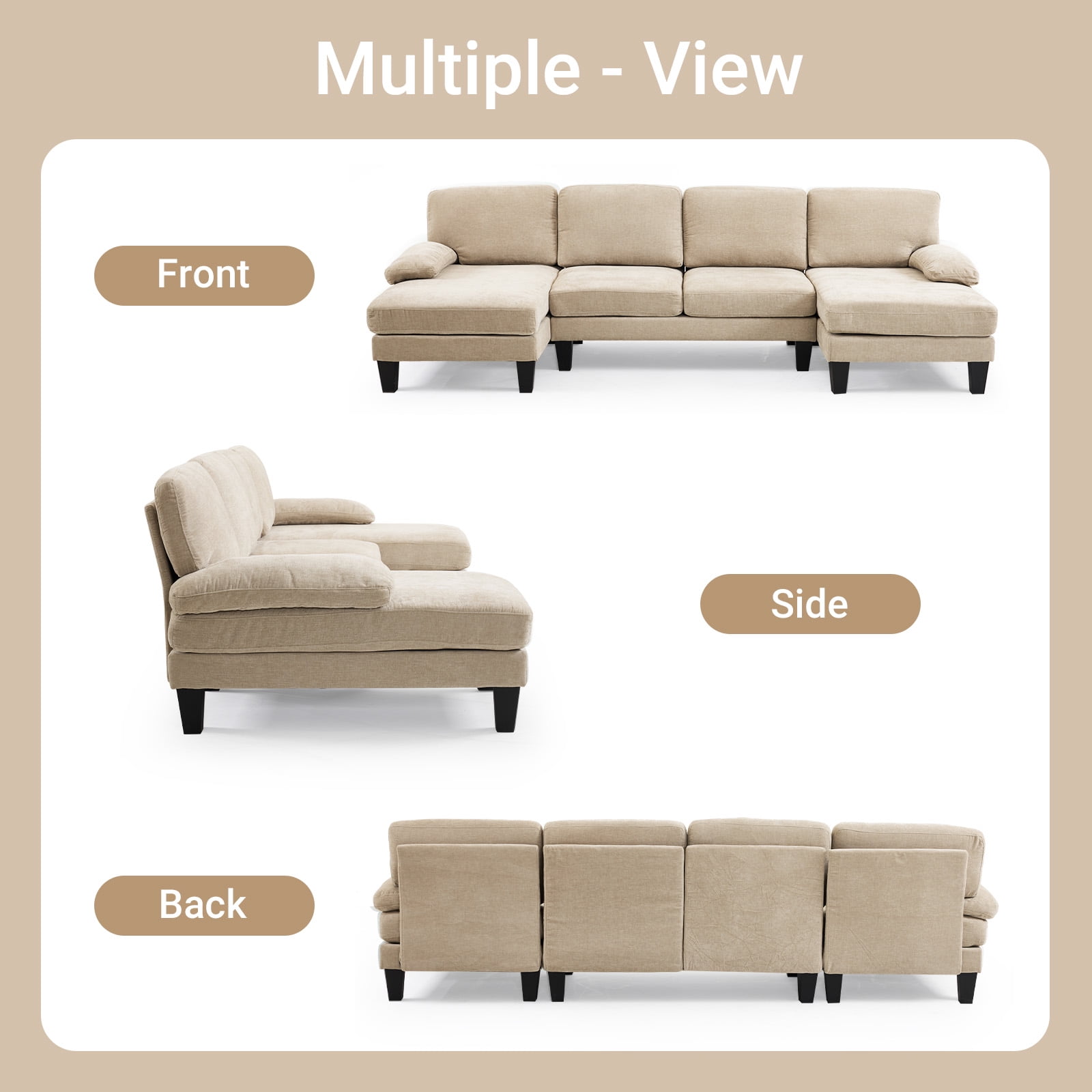 Ktaxon U-Shaped Sectional Sofa, 111"  Chenille Couch, 4 Seat Lounge Sleeper with Double Chaise for Living Room Light Brown