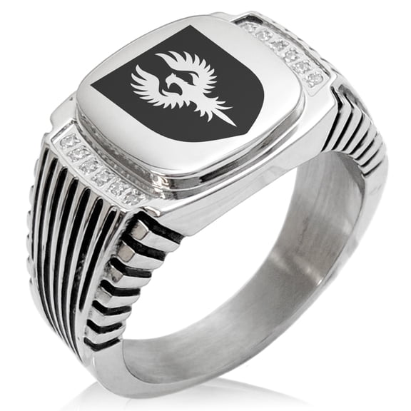 Stainless Steel Phoenix Resurrection Coat of Arms Shield CZ Ribbed Needle Stripe Pattern Biker Style Polished Ring