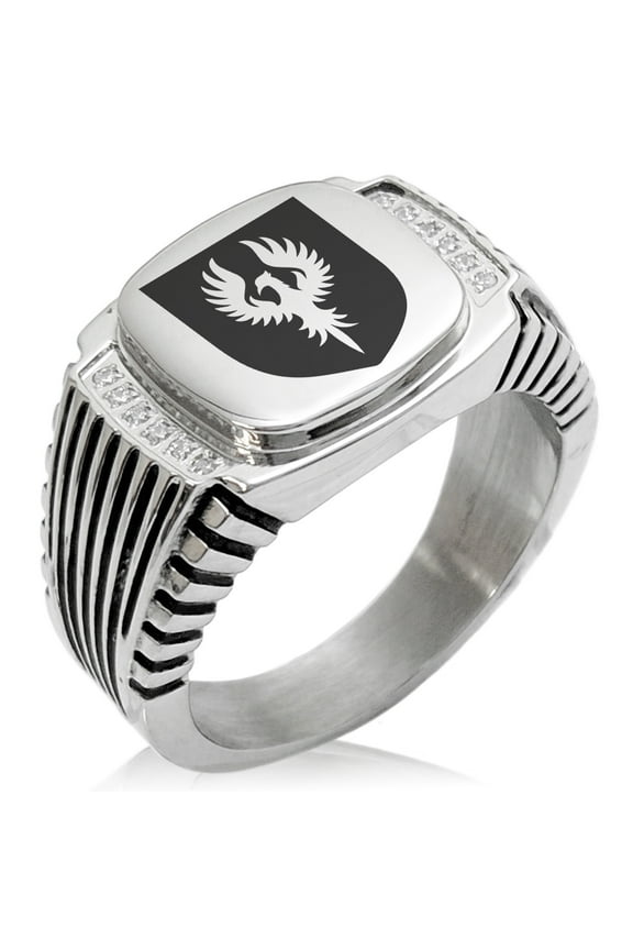 Stainless Steel Phoenix Resurrection Coat of Arms Shield CZ Ribbed Needle Stripe Pattern Biker Style Polished Ring