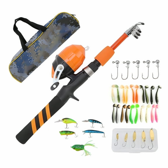 BESTSKY 1.5m Kids Fishing Pole Orange Mini Portable Retractable Foldable Beginner Toddler Fishing Rod Set Gifts