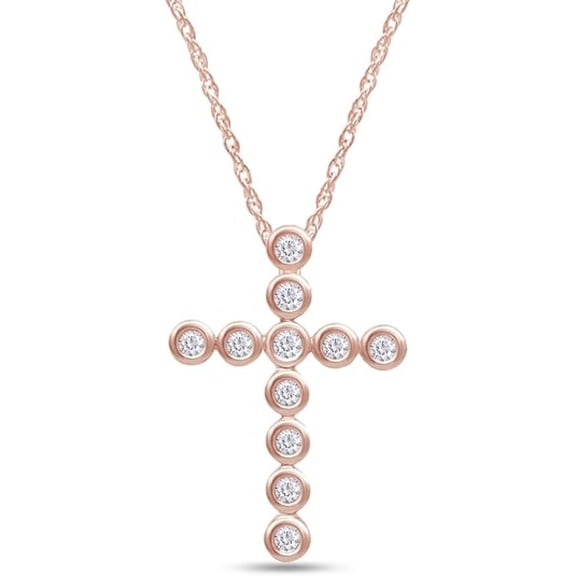 Real 925 Sterling Silver Jewelry 14K Rose Gold Plated Round Cut White Diamond Bezel Set Cross Pendant Necklace For women