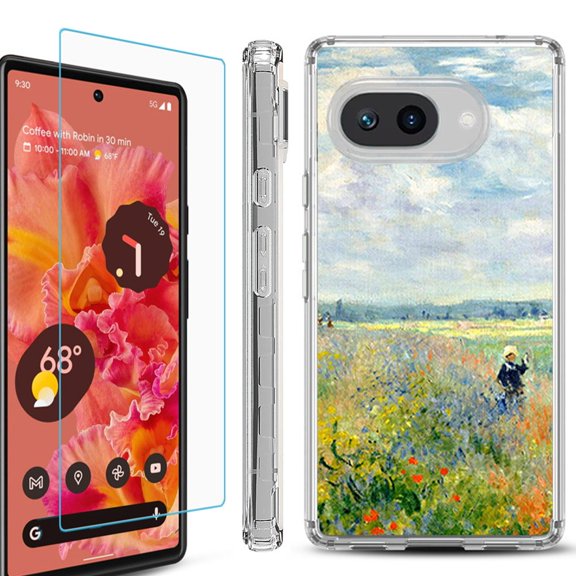 For Google Pixel 9a Phone Case Cover, Shockproof Bumper Case with Tempered Glass Screen Protector, by OneToughShield - Poppy Field