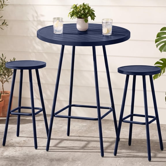 3 Piece Patio Dining Set Bar Height Outdoor Bistro Table With 2 Bar Stools Round High Top Table All Weather Steel Frame Furniture For Balcony Poolside Yard