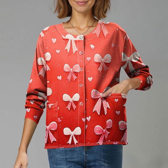 Heart Print Scrub Jacket for Women - Valentine's Day Long Sleeve Snap Front Nurse Uniform Top with Pockets Watermelon Red XL