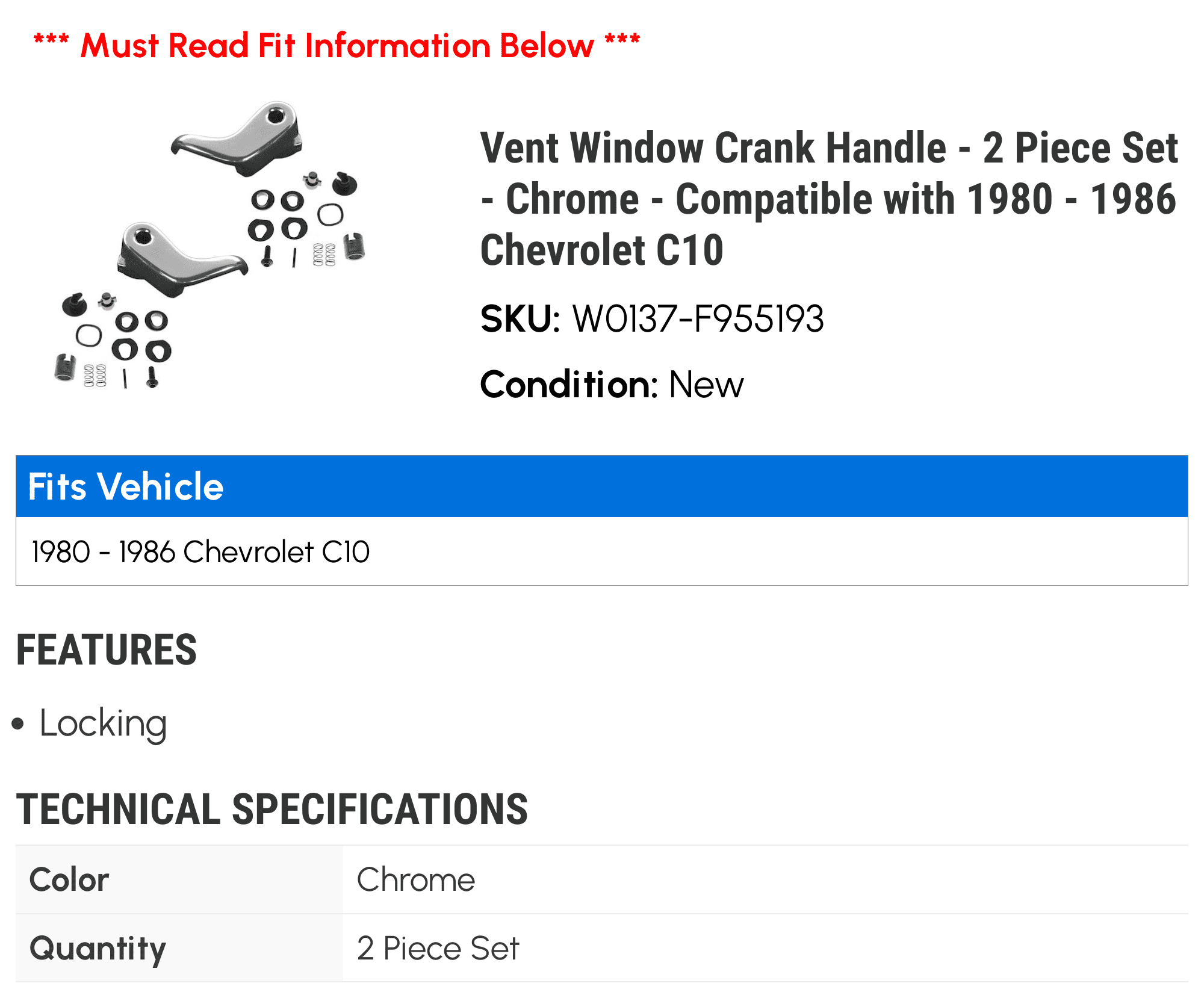 Chrome 2 Piece Set Compatible with 1980-1986 Chevy C10 Vent Window Crank Handle 