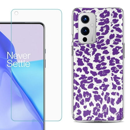 Slim-Fit TPU Phone Case Compatible with OnePlus 9 5G with Tempered Glass Screen Protector by OneToughShield ® - Cheetah Purple