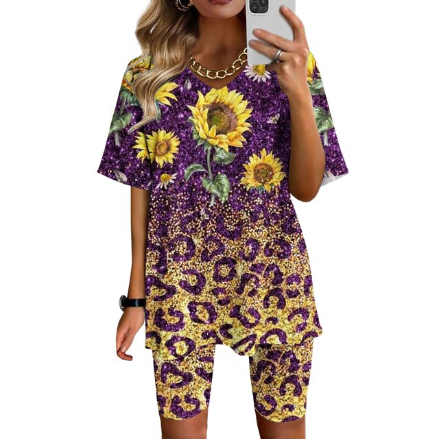 Ensembles 2 Pcs pour Femmes Mode Blouse à Col en V Manches Courtes Hauts Shorts Costume Décontracté Ensembles Confortables pour Femmes en Liquidation