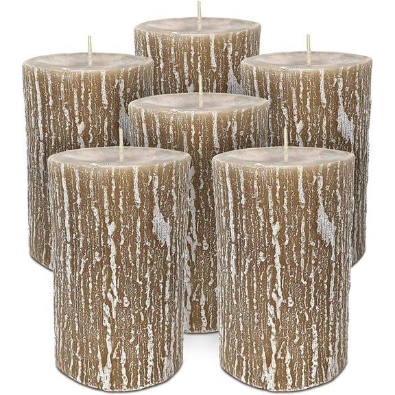 Hyoola, 3 x 5 inch Sahara Brown Unscented Rustic Timberline Pillar Candles, Paraffin Wax with Cotton Wicks, 6-Pack