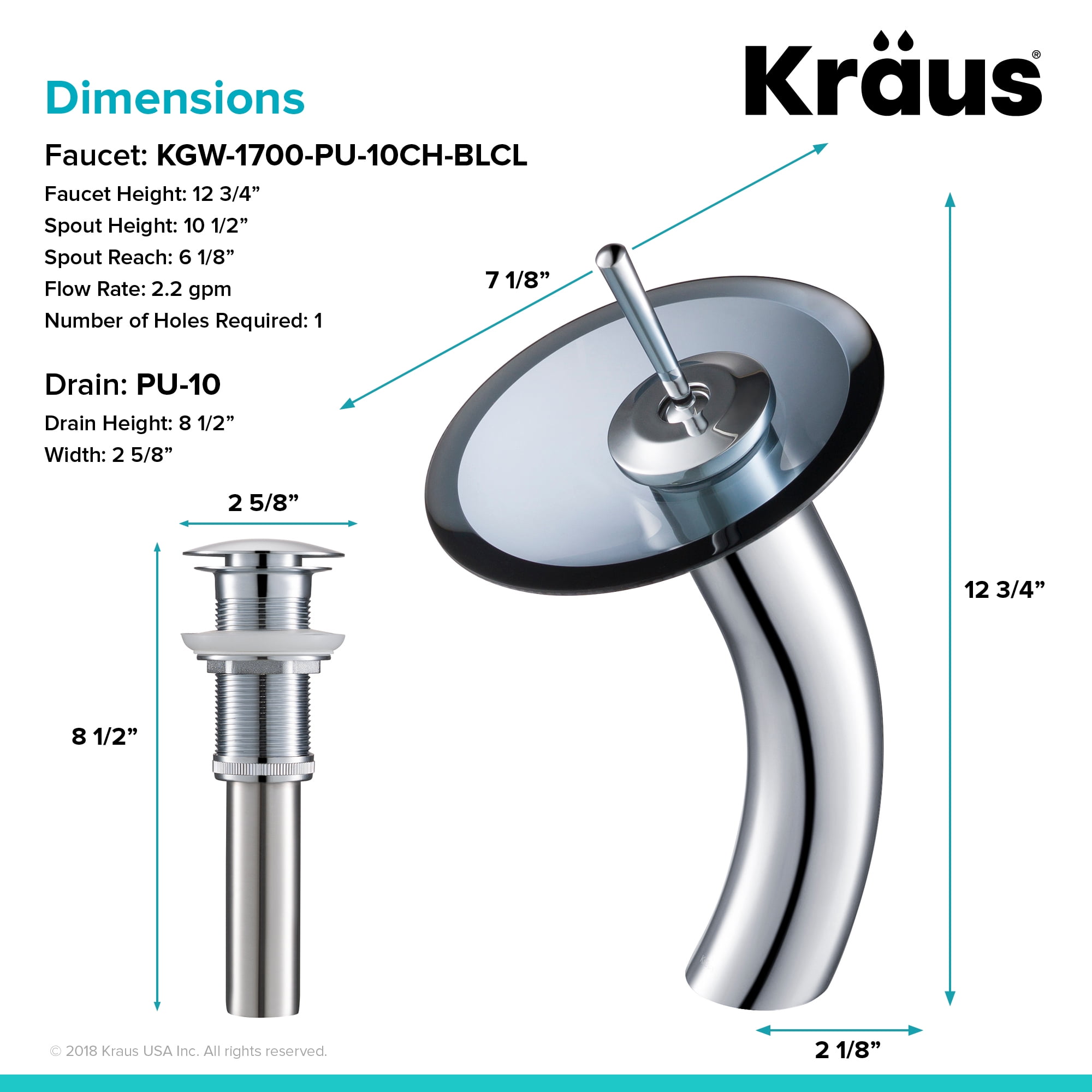 KRAUS Tall Waterfall Bathroom Faucet for Vessel Sink with Clear Black Glass Disk and Pop-Up Drain, Chrome Finish