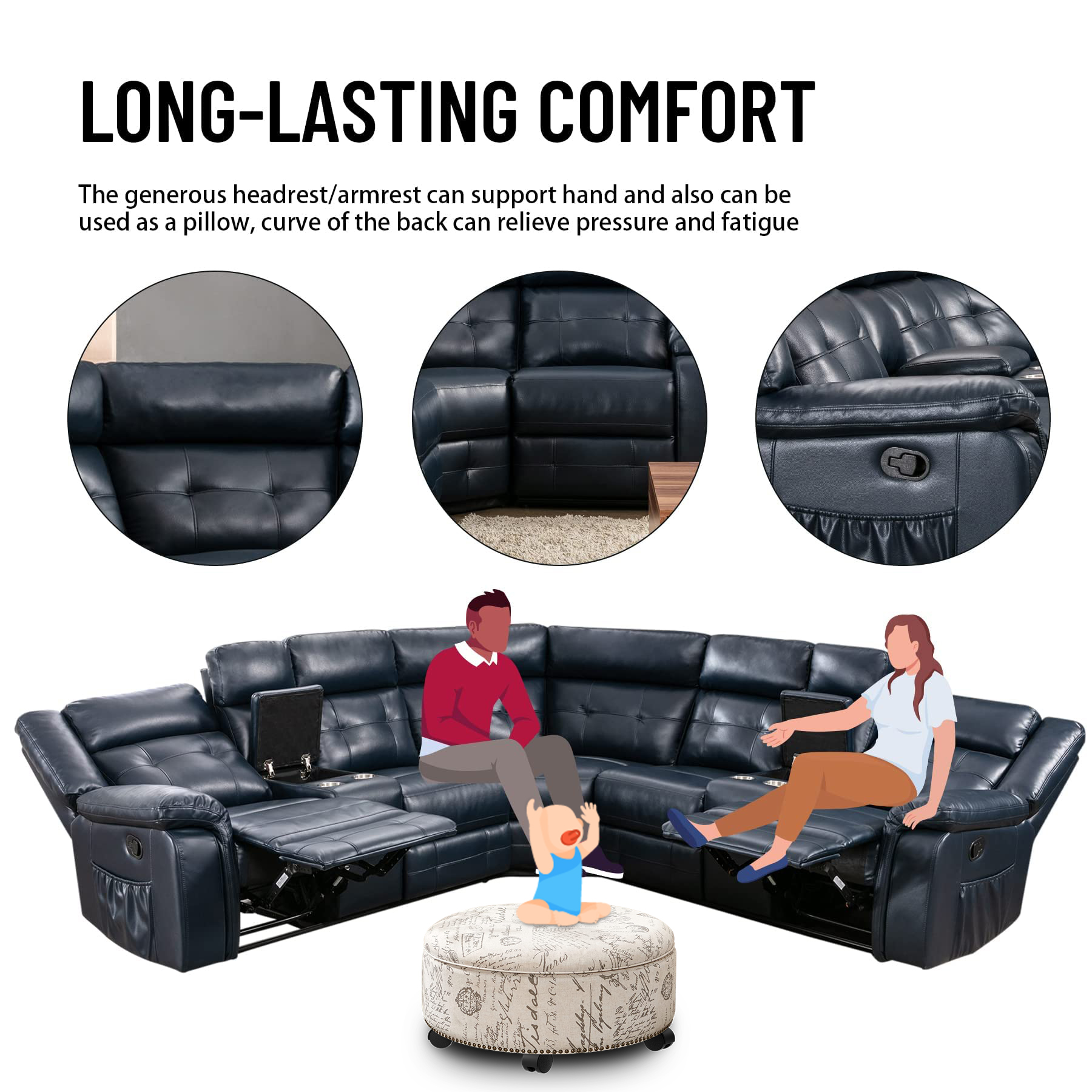 Nathaniel Home Modern Bonded Leather Reclining Sectional Sofa Living Room Set Deep Blue