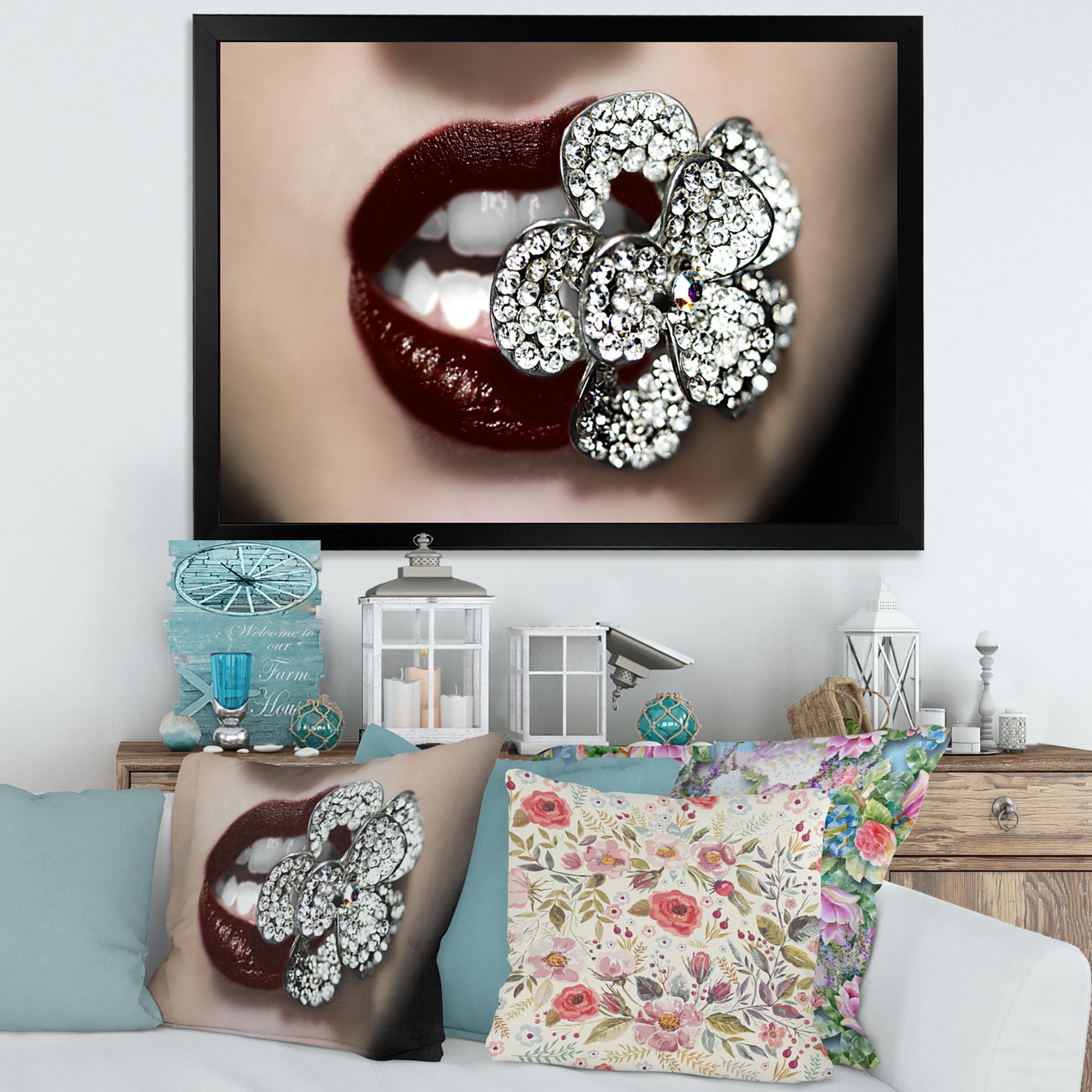 Designart 'Detail Of Sexy Red Girl Lips' Modern Framed Art Print
