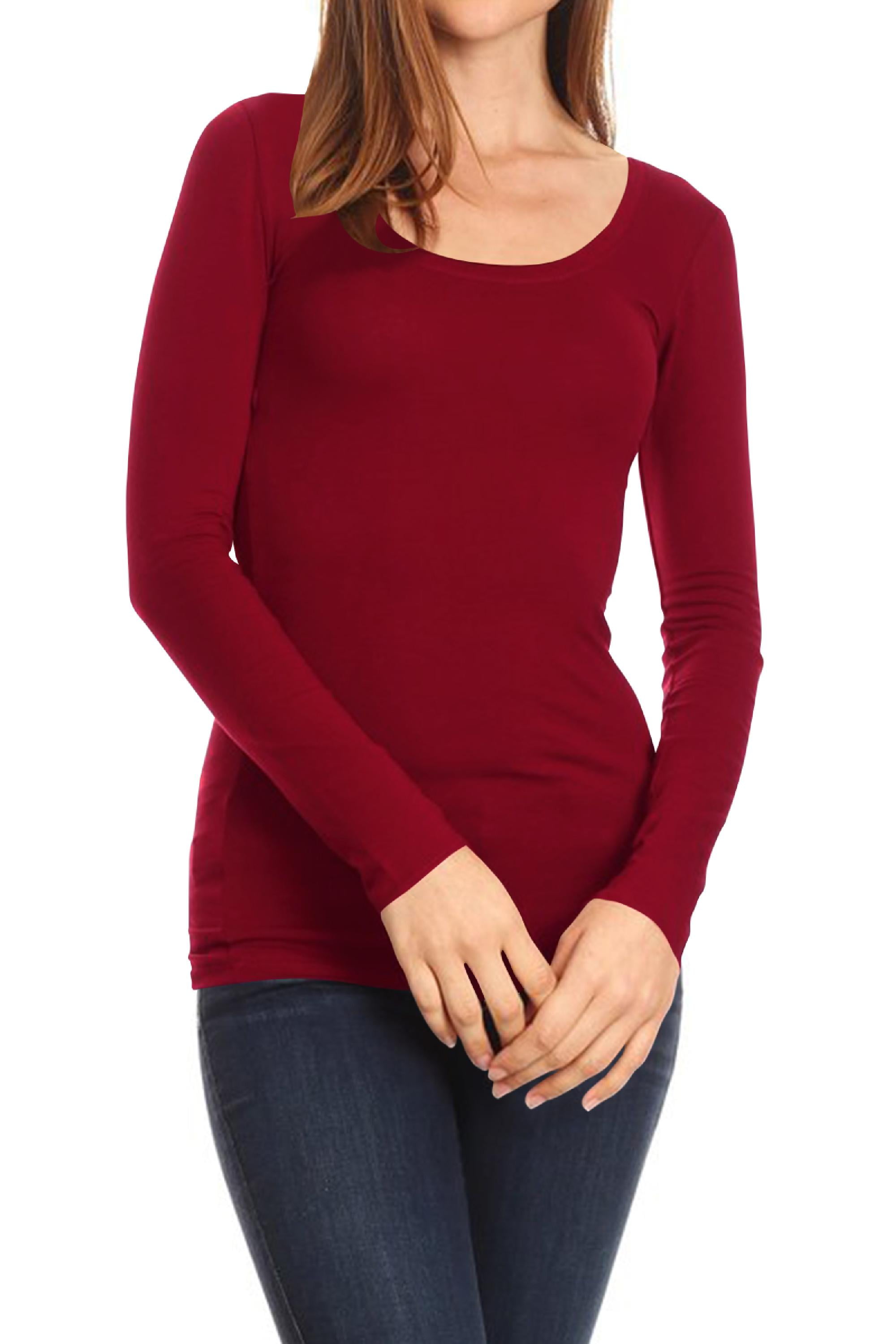 Women's Basic Stretch Pull On Casual Long Sleeve Scoop Neck Fitted ...