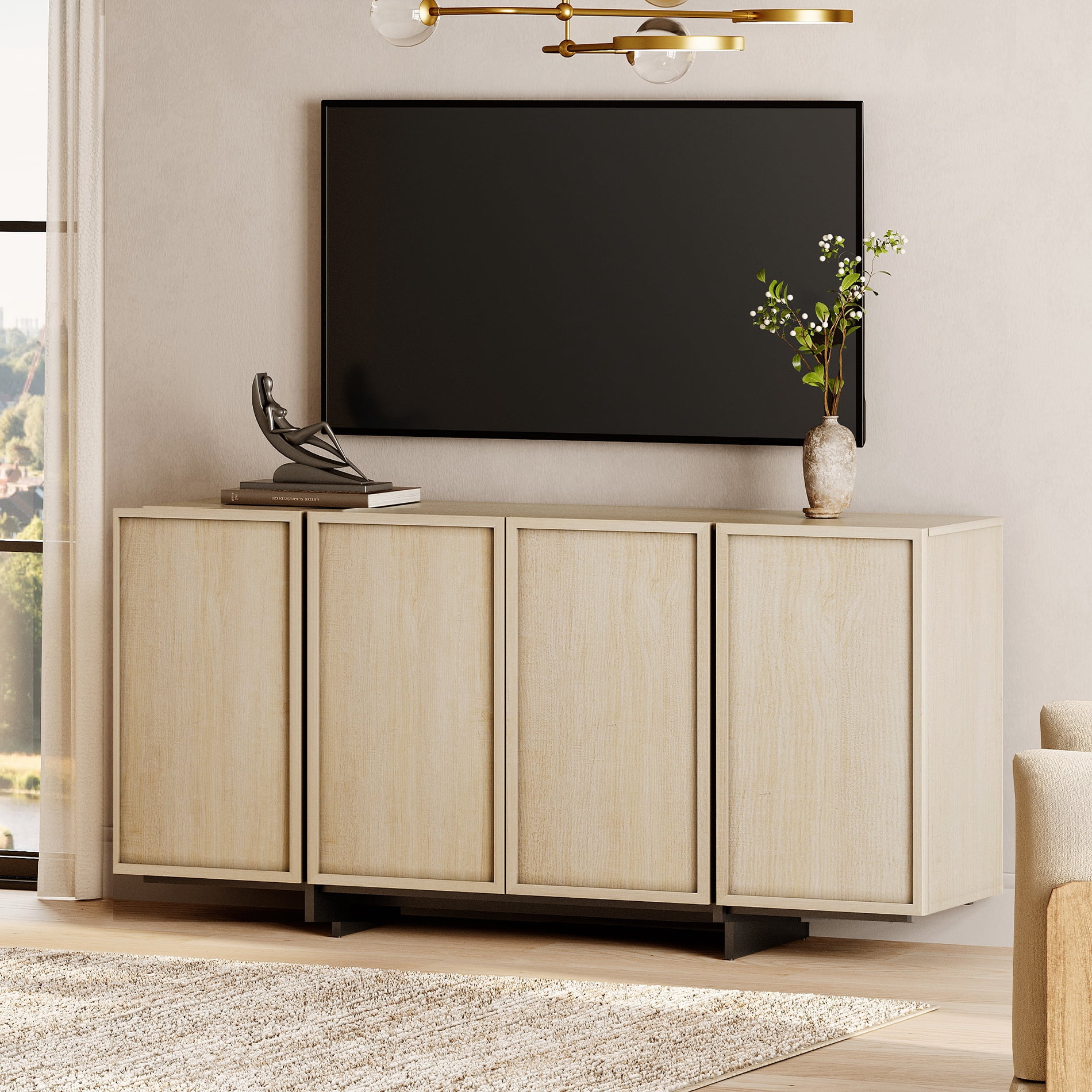 WAMPAT Modern TV Stand - Entertainment Center Console for 70" TVs, with 4 Closed Storage Doors & T-Shaped Wood Legs, Media Cabinet for Living Room & Bedroom,Beige