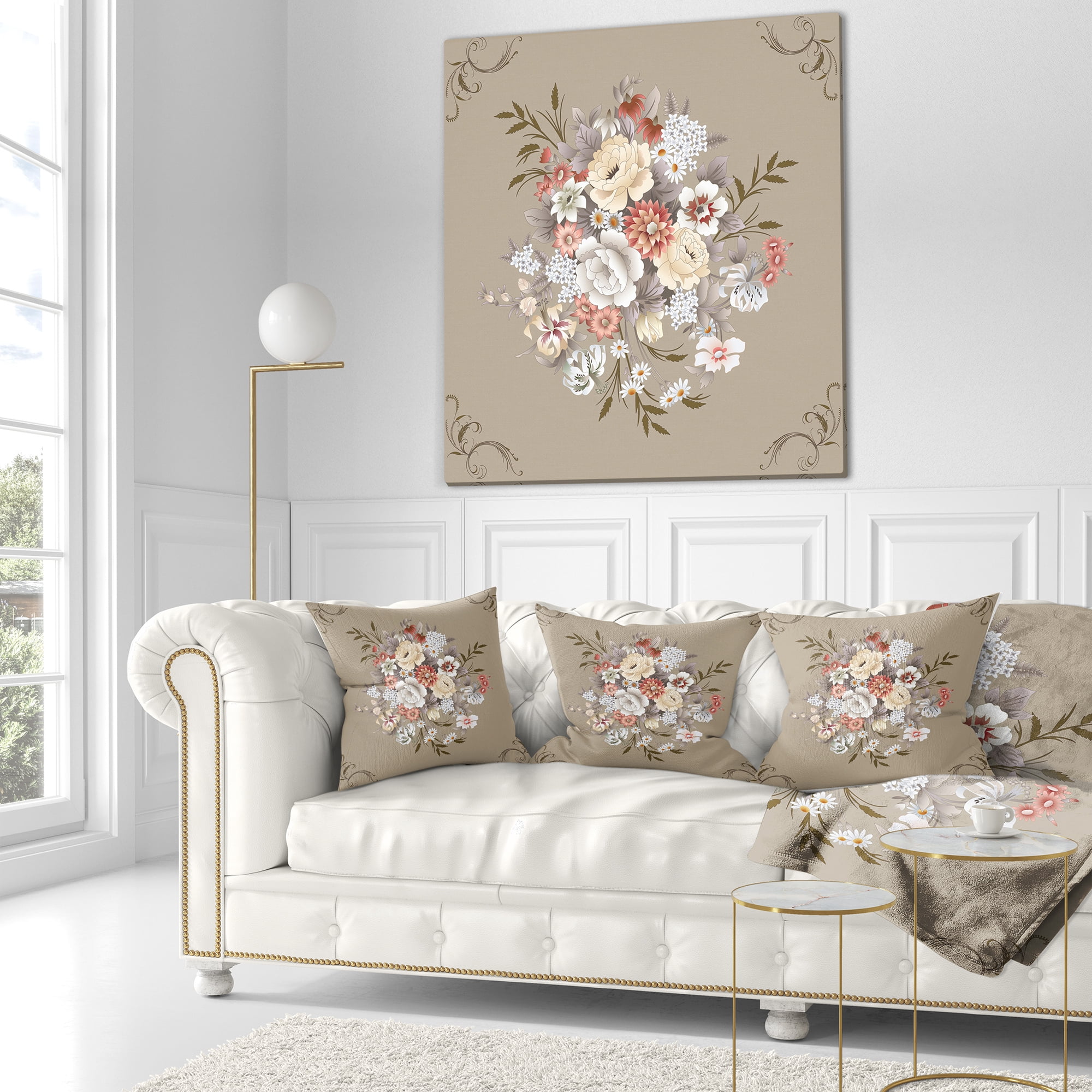 Designart White and Yellow Floral Pattern - Floral Throw Pillow - 16x16