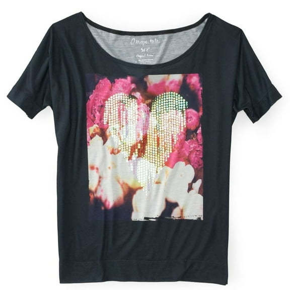 Aeropostale Womens Sequin Floral Fashion Graphic T-Shirt, Blue, Juniors, Small