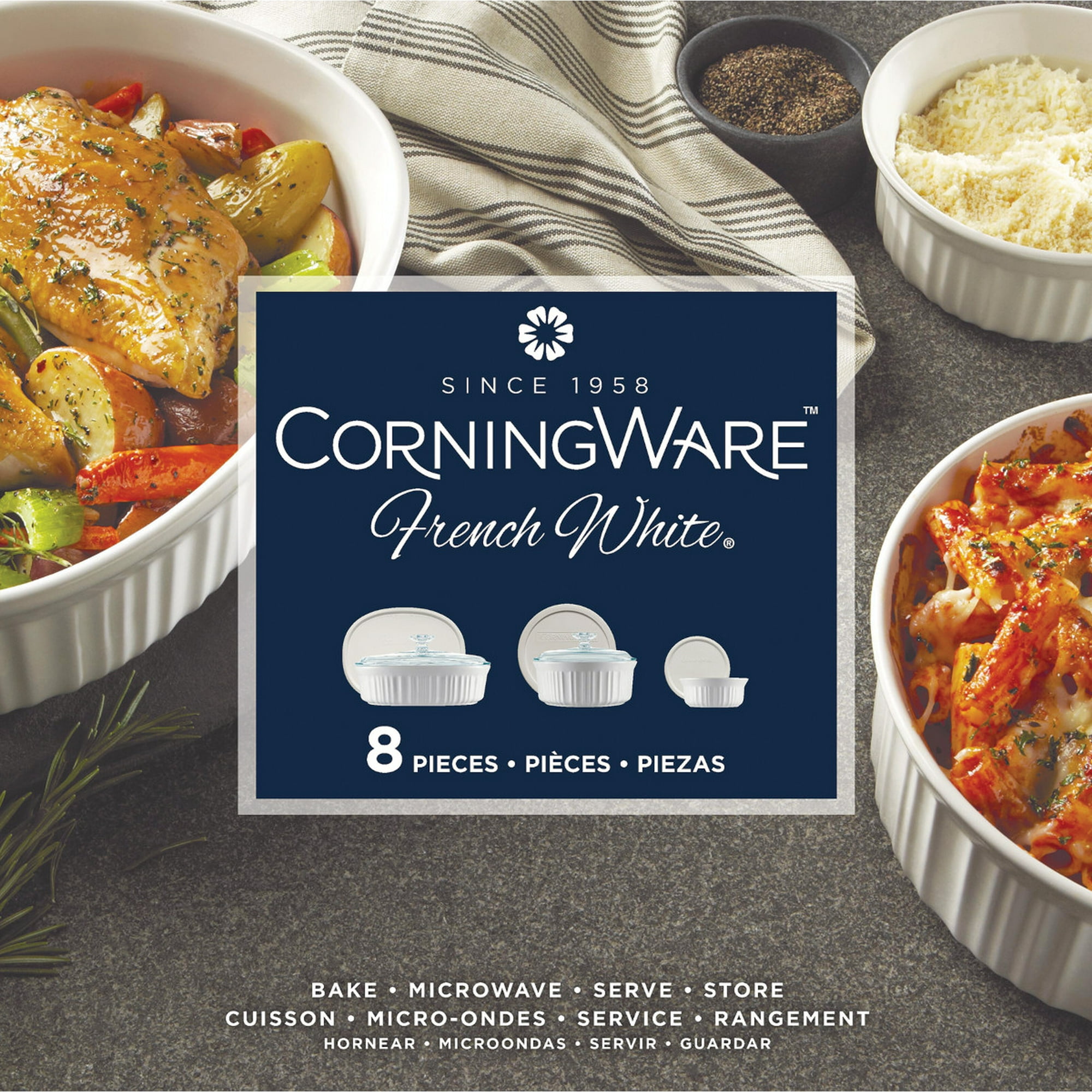 CorningWare French White 8-Piece Ceramic Stoneware Casserole Set with Glass and Plastic Lids, Round & Oval